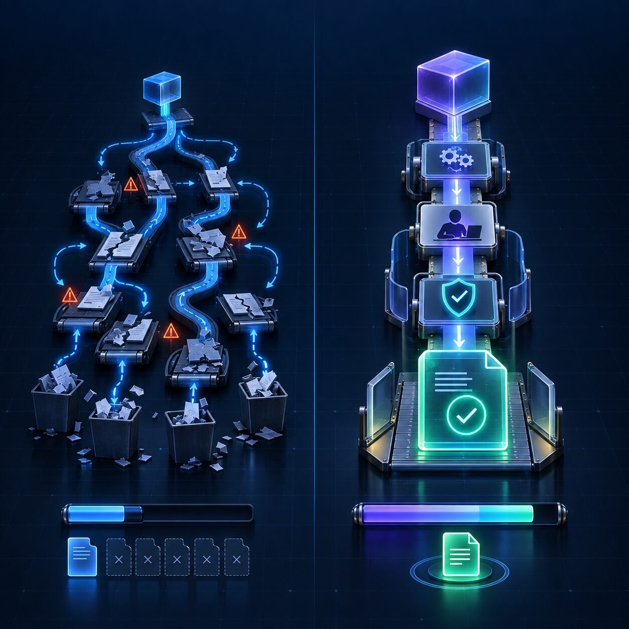 A branching tree of attempts in which most paths end in discarded output, with a gauge showing the accumulated spend.