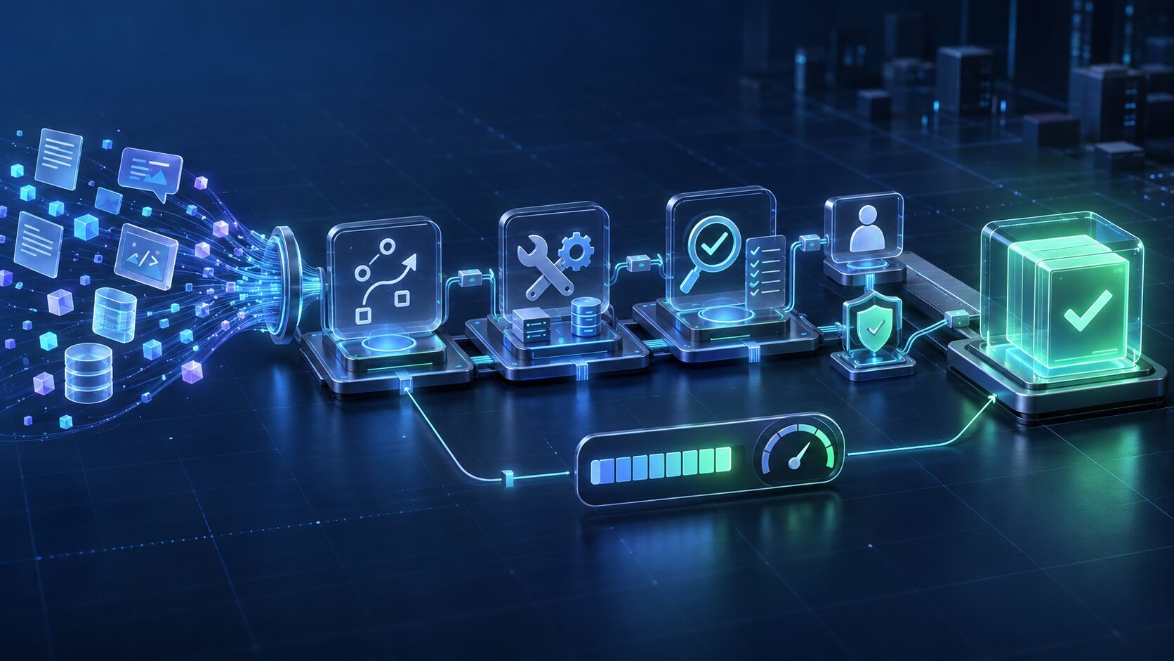 Requests entering a pipeline of tool, verification and approval stages and emerging as one completed unit of work, with a cost meter running alongside.
