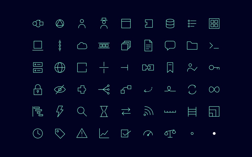 The glyphs of the StarDevs diagram kit, mint line drawings on a dark ground, one star in white